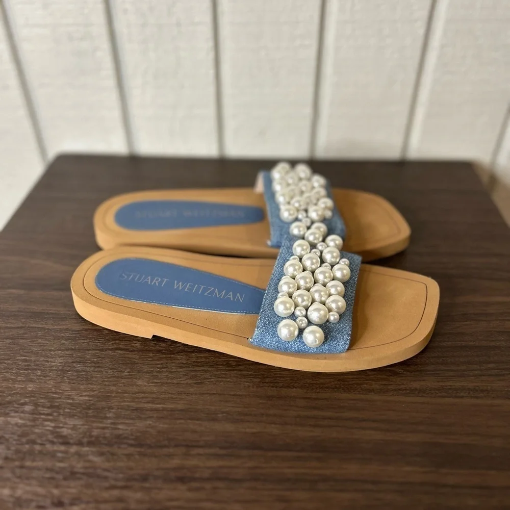 Stuart Weitzman Goldie Faux Pearl Embellished Slides, size 8B. - Picture 1 of 8